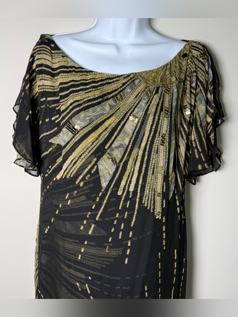 Diane von Furstenberg Silk Embellished Flutter Sleeve Dress Black Gold Art Deco - Picture 3 of 11